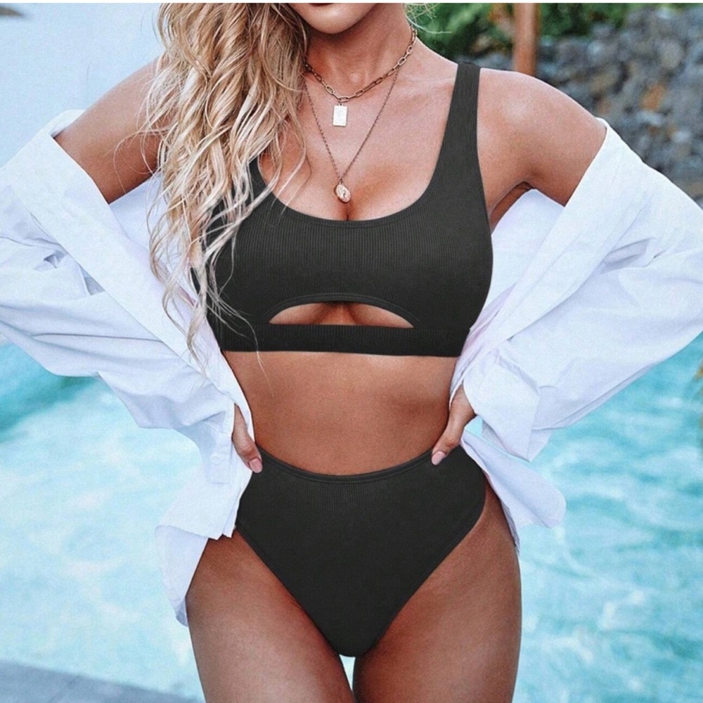 Black Ribbed High Waisted Bikini